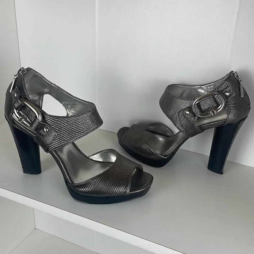 Calvin Klein Melissa Pewter Metallic Lizard Embossed Sandals 7.5